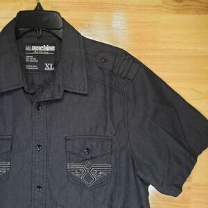 Machine Men’s XL Black Short Sleeve Button Up Shirt Embroidered Pockets Casual